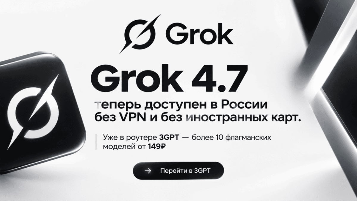 Grok 4.7 теперь доступен в России без VPN и без иностранных карт. Уже в роутере 3GPT — более 10 флагманских моделей от 149₽